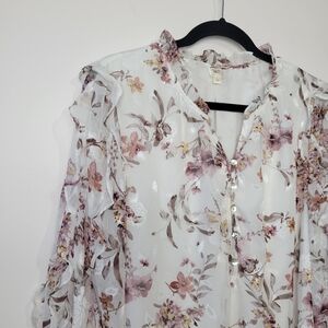 AUTRES FILLE WOMEN'S FLORAL JACQUARD RUFFL BLOUSE SHEER SIZE 1X